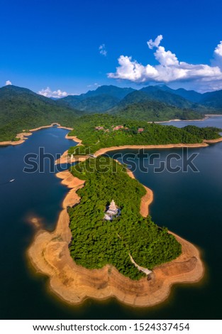 Aerial view of Truc Lam Bach Ma monastery in Truoi lake, Bach Ma mountain, Hue, Vietnam.
