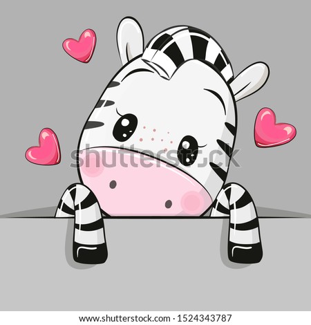 Cute Cartoon Zebra with hearts on a gray background