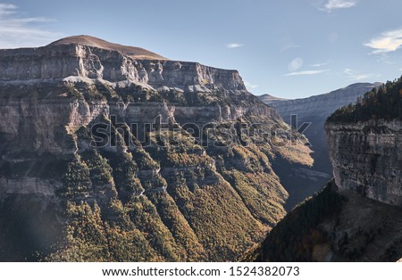 The Ordesa Valley from the path of the Hunters in the Pelay belt. National Park of Ordesa and Monte Perdido. Pyrenees. Huesca. Aragon. Spain.