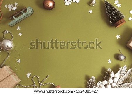 New Year concept. Frame from festive Christmas decorations. Copy space. Top view.
