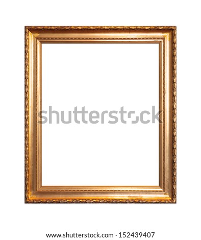 Empty wooden frame painted with gold paint isolated on white