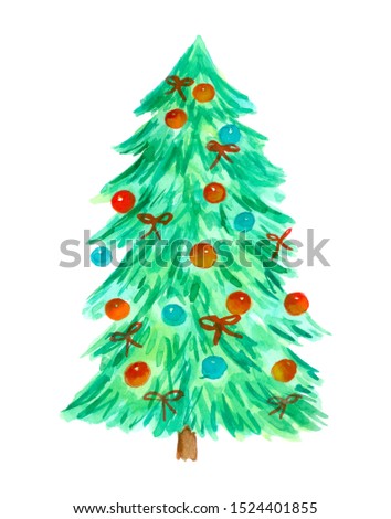 Christmas pine tree decorated single. Hand drawn watercolor painting isolated on white background.
