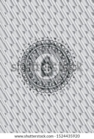 money tag icon inside silver shiny emblem. Scales pattern. Vector Illustration. Detailed.