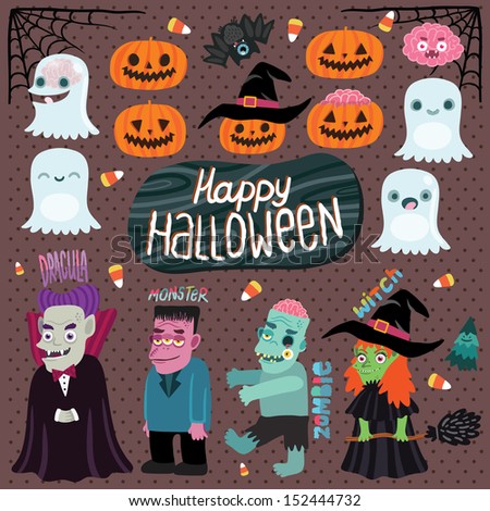 Happy Halloween character set - ghost, pumpkin, witch, dracula, monster, zombie, bat, brain, tree