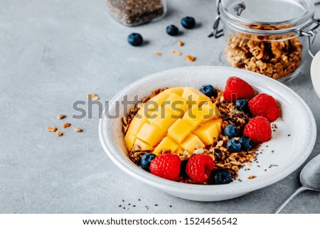 Healthy breakfast cereal bowl homemade granola with fresh blueberry, raspberry and mango