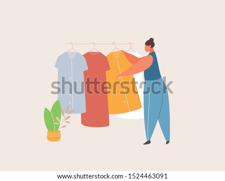 Woman in clothes store. Customer character shopping at apparel retail shop. Garment sale. Flat vector illustration