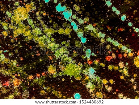 Dirty Abstract Drawing. Rich Scattered Acrylic Blobs. Brown and Red Retro Tie Dye Texture. Orange and Green Tie Dye Cloth Texture. Yellow and Blue Rough Tie Dye Design. Dark Background.