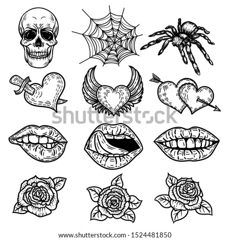 Hand drawn set of pop art hearts ,lips, brocken heart, two hearts with arrow, heart with wings and heart punctured by sword, lips, mouth, roses, skull, spider, spider web.