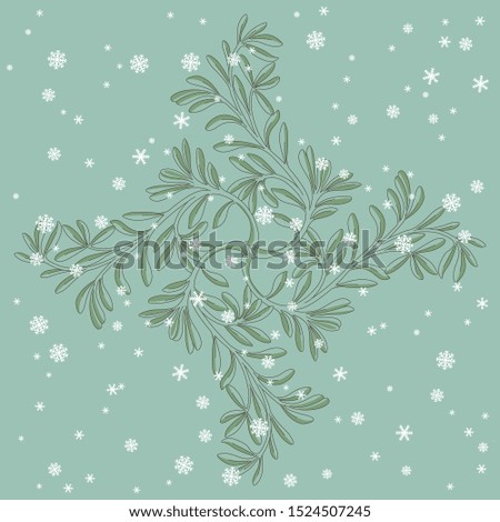 Isolated vector illustration. Monochrome floral winter decor. Square botanical mandala with leaf branches under snowflakes.