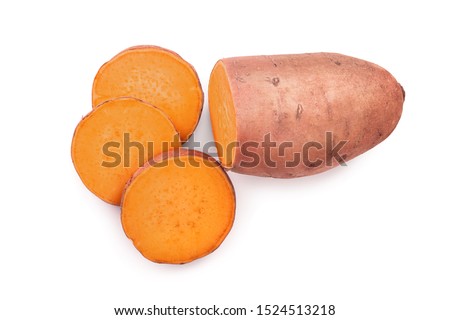 Sweet potato isolated on white background closeup. Top view. Flat lay. Royalty-Free Stock Photo #1524513218