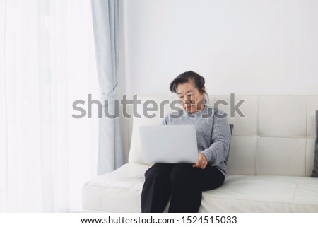 Elderly woman using laptop in living room.