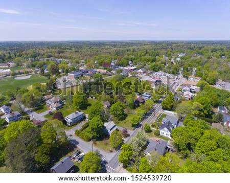 Aerial view of Millis historic town center and Main Street in spring, Millis, Boston Metro West area, Massachusetts, MA, USA.