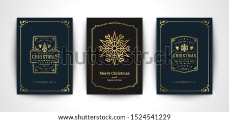 Christmas greeting cards set and ornate typographic winter holidays text vector illustration. Christmas ornaments decorarion and frame for postcard or banner design.