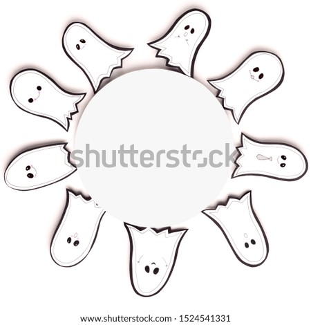 Decorative round frame of flying cute paper ghosts on white background, copy space