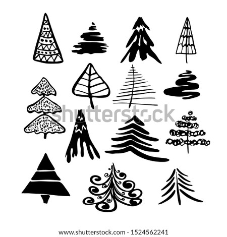 Set of  cute Christmas trees. Hand-drawn vector sketch, doodle style