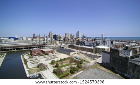 This is an aerial of the city of Milwaukee, Wisconsin from the Southwest looking Northeast towards downtown.
