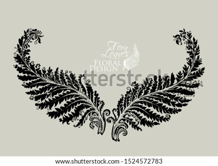 Hand drawn fairytale fern leaf plant. Symmetrically arranged two leaves of fern like wings. Vector illustration of a beautiful decor of nature element.