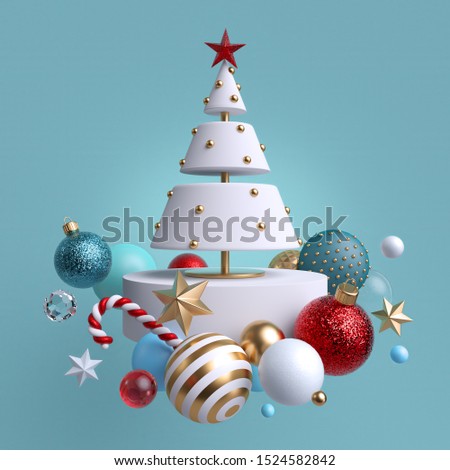 3d Christmas tree ornaments levitating, isolated on blue background. Winter holiday decor: festive glass balls, golden stars, candy cane, snowballs. Greeting card. Composition of levitating objects.