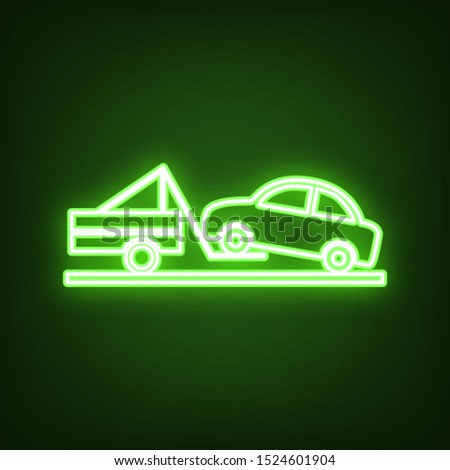 Tow truck sign. Green neon icon in the dark. Blurred lightening. Illustration.