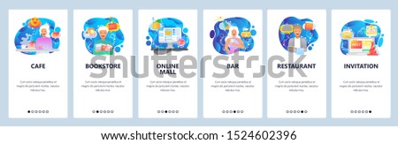 Onboarding for web site and mobile app. Menu banner vector template for website and application development. Cafe, Bookstore, Online mall, Restaurant, Bar, Invitation screens with blue abstract shapes
