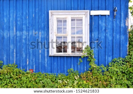 picturesque house facade with blue grungy wooden walls and window in a white frame with weaving green plants and empty sign for text. house with bright blue wooden walls and a blank street sign
