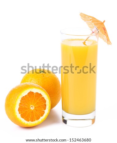 Orange juice and two oranges