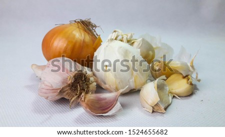 onion and garlic food still life, detail close-up shot, isolated on white background
