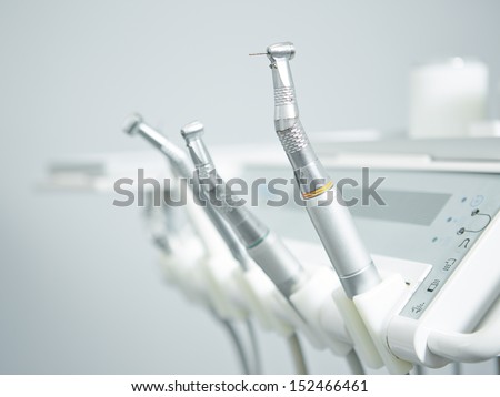 Different dental instruments and tools in a dentists office Royalty-Free Stock Photo #152466461