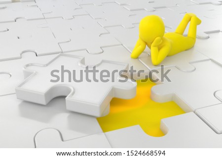 3D illustration,3D rendering,The character is wearing the last piece of the jigsaw puzzle to complete the mission. Includes selection path of floor and background.