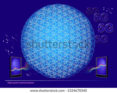 Scheme of High speed communications work on the globe. 5G internet telecommunications with smartphone. High tech digital technology in mobile phone world. Diagram of signal transmission.