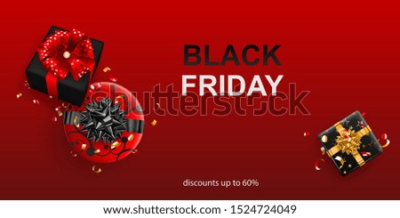 Black Friday sale banner. Gift box with bow and ribbons on red background. Vector illustration for posters, flyers or cards.