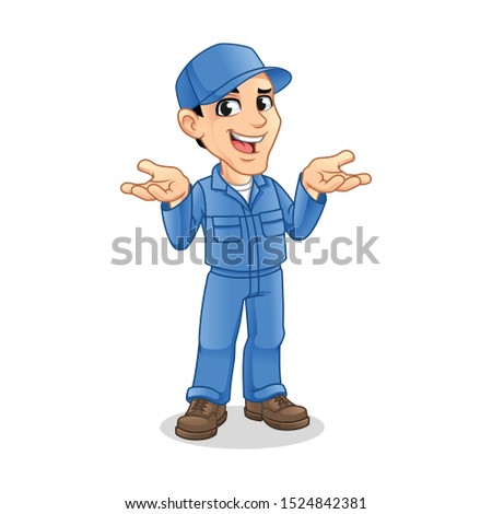Mechanic Man with Confused Gesture Sign for Service, Repair or Maintenance Mascot Concept Cartoon Character Design, Vector Illustration, in Isolated White Background.