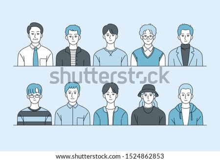 Male character in various styles. Icon of ID photo concept. hand drawn style vector design illustrations. 