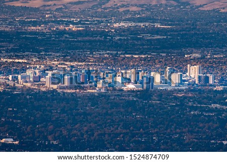 Aerial view of the buildings in downtown San Jose at sunset; Silicon Valley, California