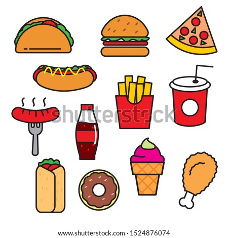 Set of fast food vector illustration isolated on white background. Fast food cartoon, fast food clip art