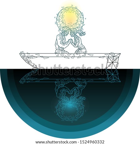 Vector illustration abstract mash line low polygonal geometric shapes wireframe couple lovers floats in a boat, background of the moon,sun.Concept romance and love .Isolated poly on dark background