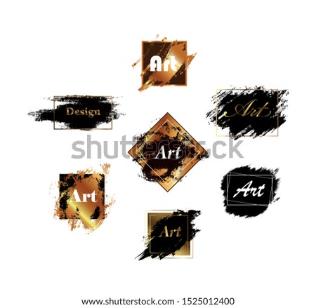 Set of abstract banners. Brush stroke, frame and place for text. Black and gold isolated illustration on white. EPS 10 vector.