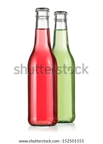 Green and pink alcohol beverage bottles 
