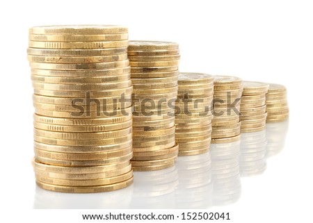 Many piles of gold coins on a white background.