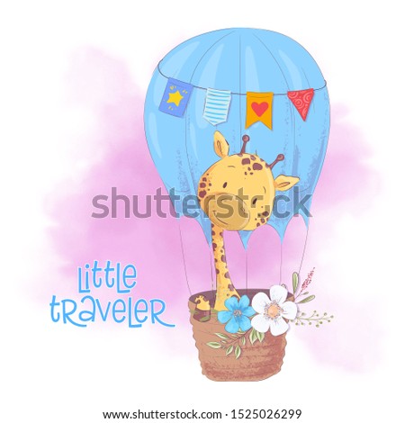 Cute cartoon giraffe in a balloon with flowers. Vector illustration