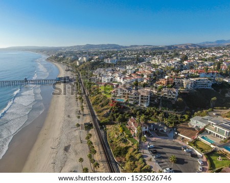 Aerial view of San Clemente coastline town and beach, Orange County, California, USA. Travel destination South West Coast. Famous beach for surfer. Royalty-Free Stock Photo #1525026746
