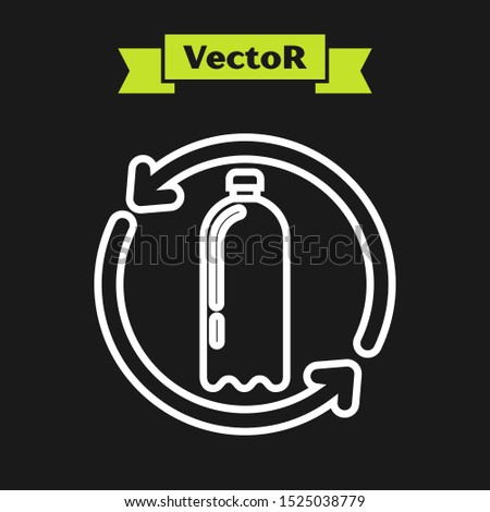 White line Recycling plastic bottle icon isolated on black background.  Vector Illustration