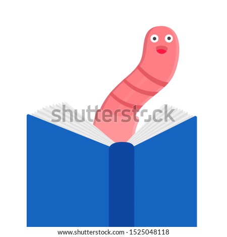 Cartoon style earthworm with book and glasses vector illustration isolated on white background. Funny worm with glasses read a book.