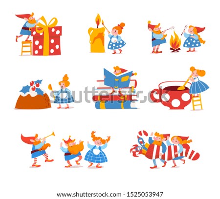 Set of cute elfs celebrate Christmas holidays. Vector Merry Christmas winter poster or card  with cute elfs celebrating holidays  and doing winter activities.