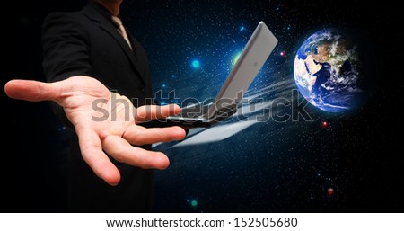 Human give the hand and space background : Elements of this image furnished by NASA