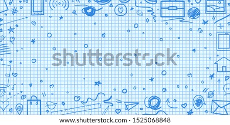 Abstract pattern with school supplies. Graphic paper background. Checkered texture. Back to school