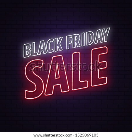 Black friday sale. Neon sign on a brick background. White and red neon sign. Square banner. Design concept 