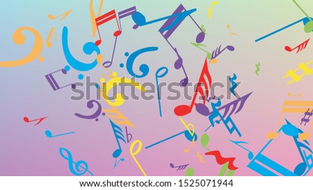Disco Background. Many Random Falling Notes, Bass and, G Clef. Colorful Musical Notes Symbol Falling on Hologram Background. Disco Vector Template with Musical Symbols.