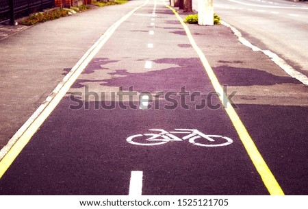 Bicycle and walking path in park. Yellow marking on a bicycle path. Sign of the bicycle