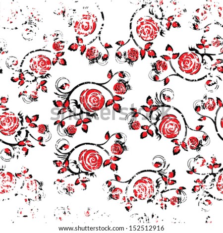 Grunge red rose seamless background floral pattern. Vintage vector wallpaper flower texture. 